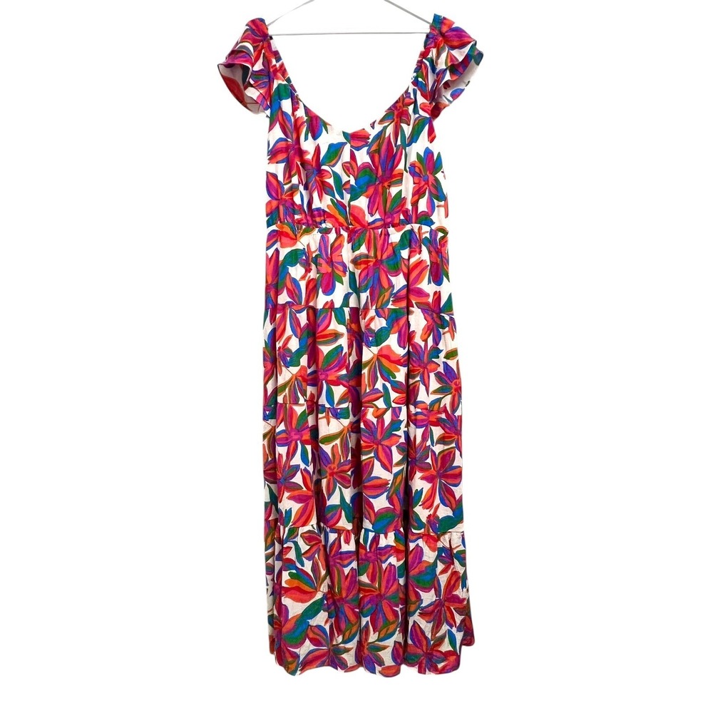Skies Are Blue Floral Maxi Dress Womens 1X Colorful Ruffle Sleeve Boho Flowy New